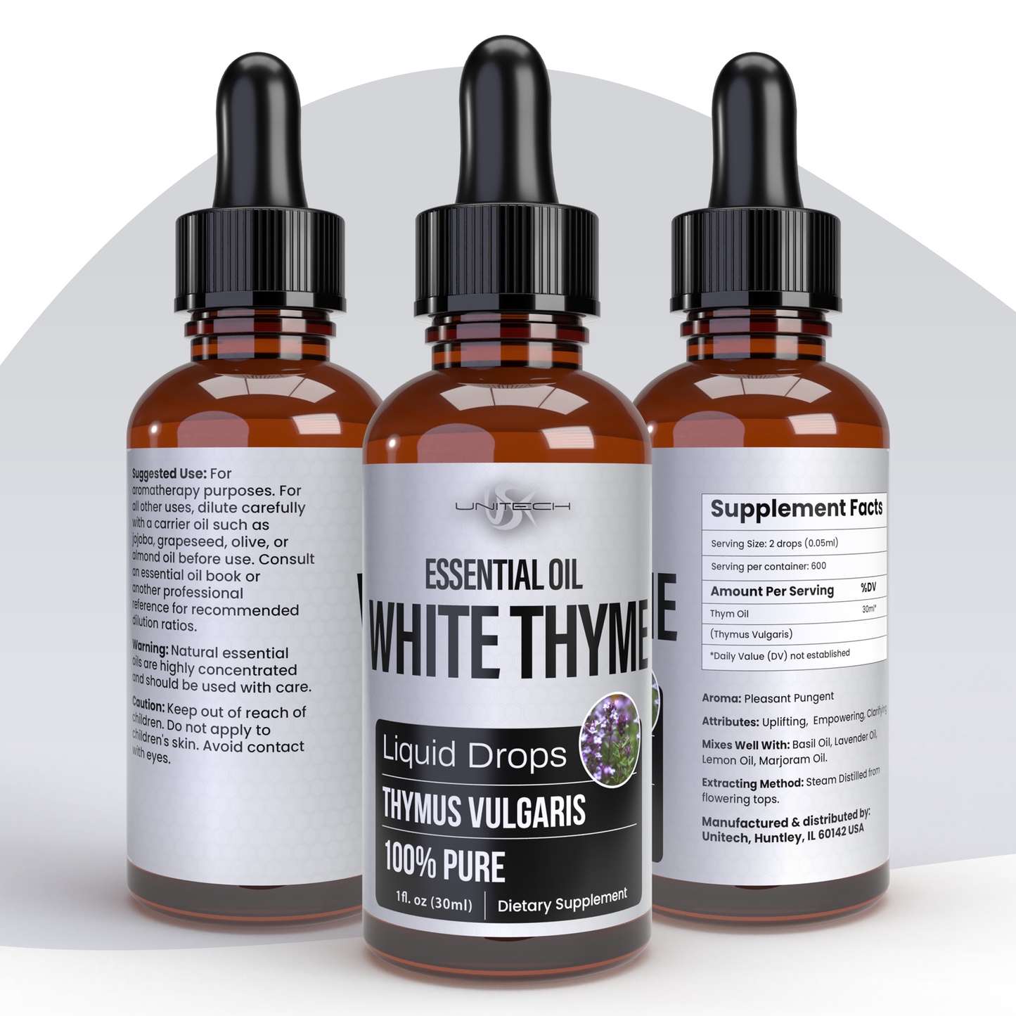 Unitech USK White Thyme Essential Oil | 100% Pure & Natural Thymus Vulgaris | Therapeutic Grade for Aromatherapy Diffuser | Relaxation & Massage Oil | Blends with Basil, Lavender, Lemon & Marjoram | 30ml