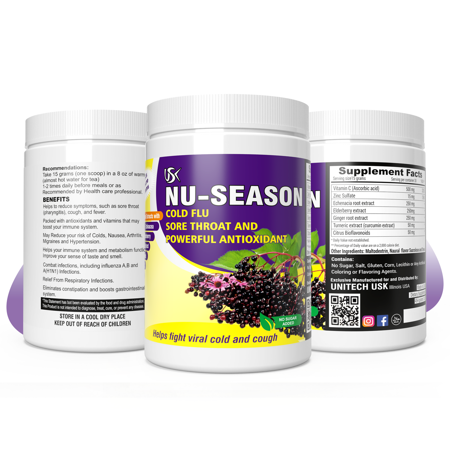 Unitech USK | NU-SEASON | Immune Support Supplement | Vitamin C, Zinc, Echinacea & Elderberry | Non-GMO, Vegan, Antioxidant-Rich Formula for Cold and Flu Relief | 100% Natural, Gluten-Free | 300 grams