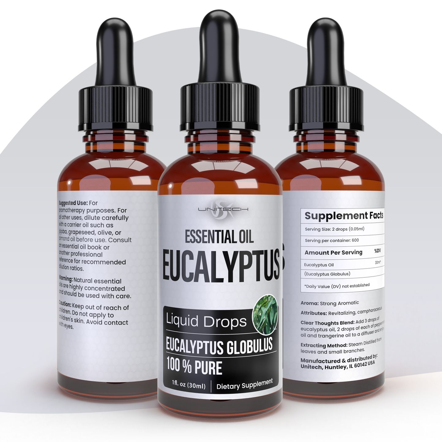 Unitech USK Eucalyptus Essential Oil | 100% Pure & Natural Eucalyptus Globulus Liquid Drops | Therapeutic Grade for Aromatherapy, Skin Care, and Respiratory Support | Dietary Supplement | 30ml