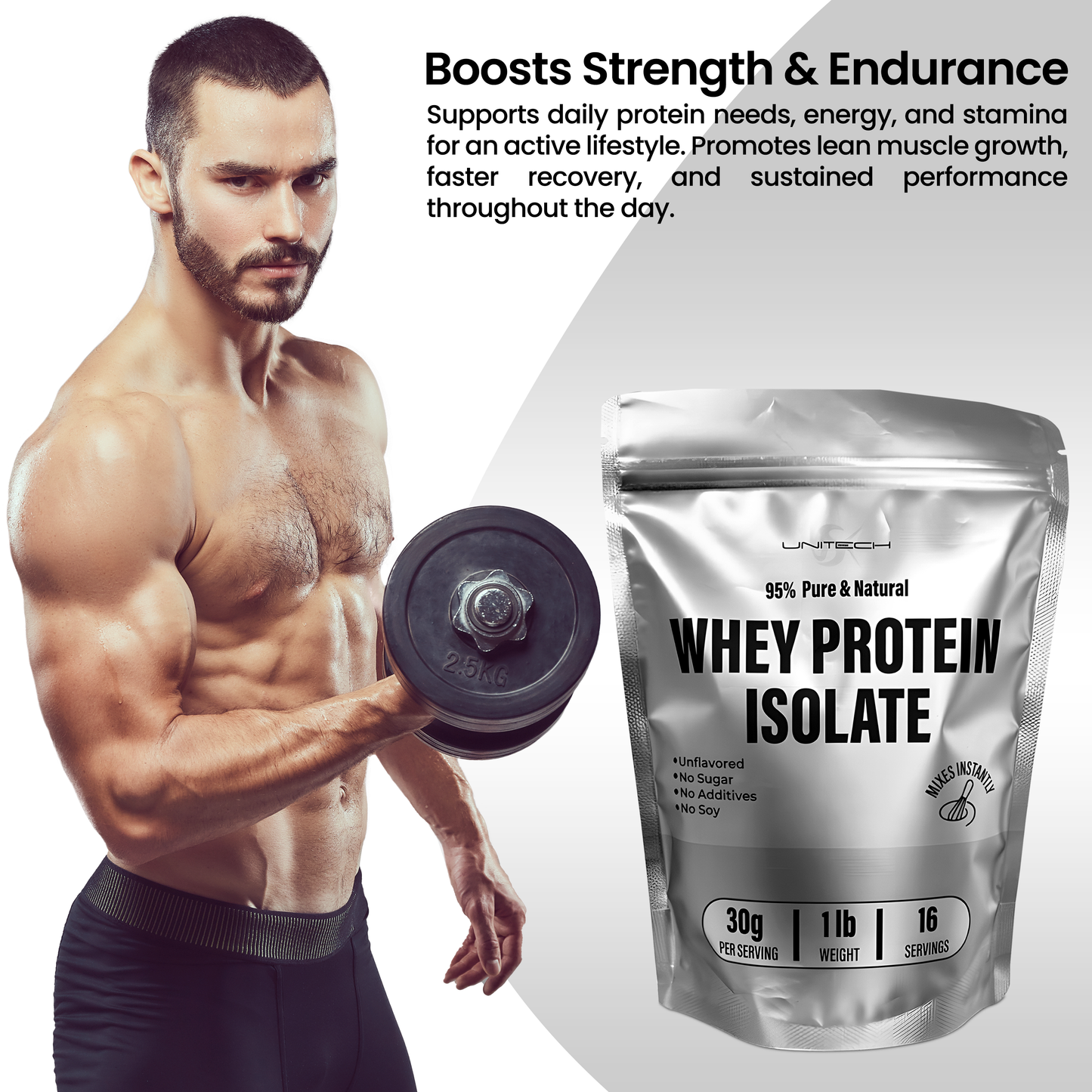 Unitech USK Whey Protein Isolate Powder | 95% Pure & Natural | Supports Muscle Growth & Recovery | Rich with High Nutrition with Amino Acids | Mixes Instantly | Dietary Supplement | 1lb