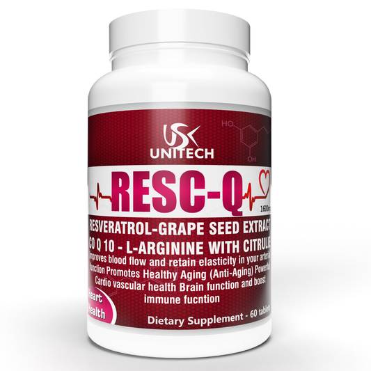 Unitech USK | RESC-Q | Cardiovascular Support & Heart Health | Rich with Resveratrol, L-Arginine, L-Citrulline & Grape Seed Extract | Antioxidant & Enhanced Blood Flow | Dietary Supplement | 60 Tablets