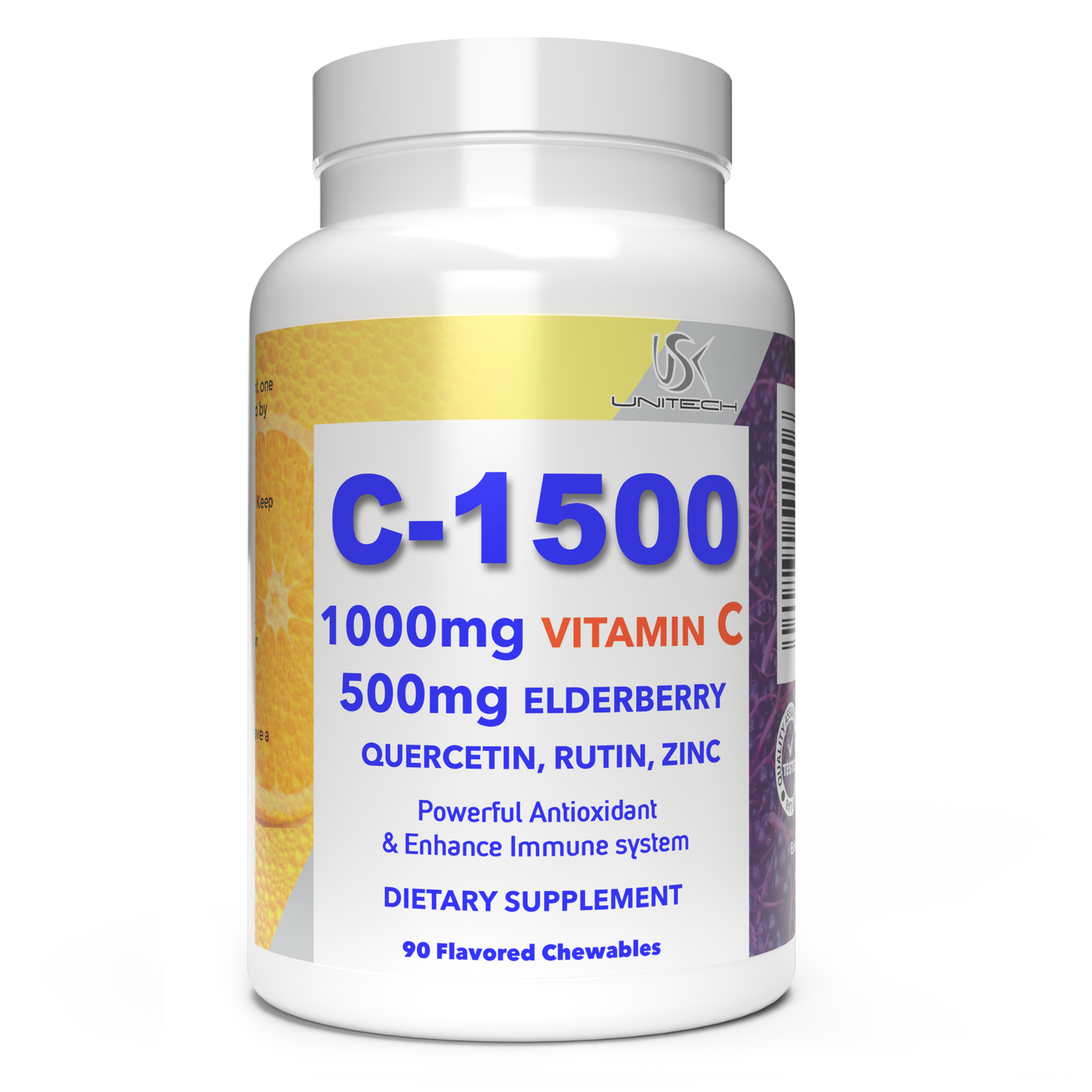 Unitech USK | C-1500 | Immune Support Supplement | Rich with Vitamin C, Elderberry, Quercetin, Rutin, & Zinc | Daily Wellness & Body Health Maintenance | 90 Flavored Chewables