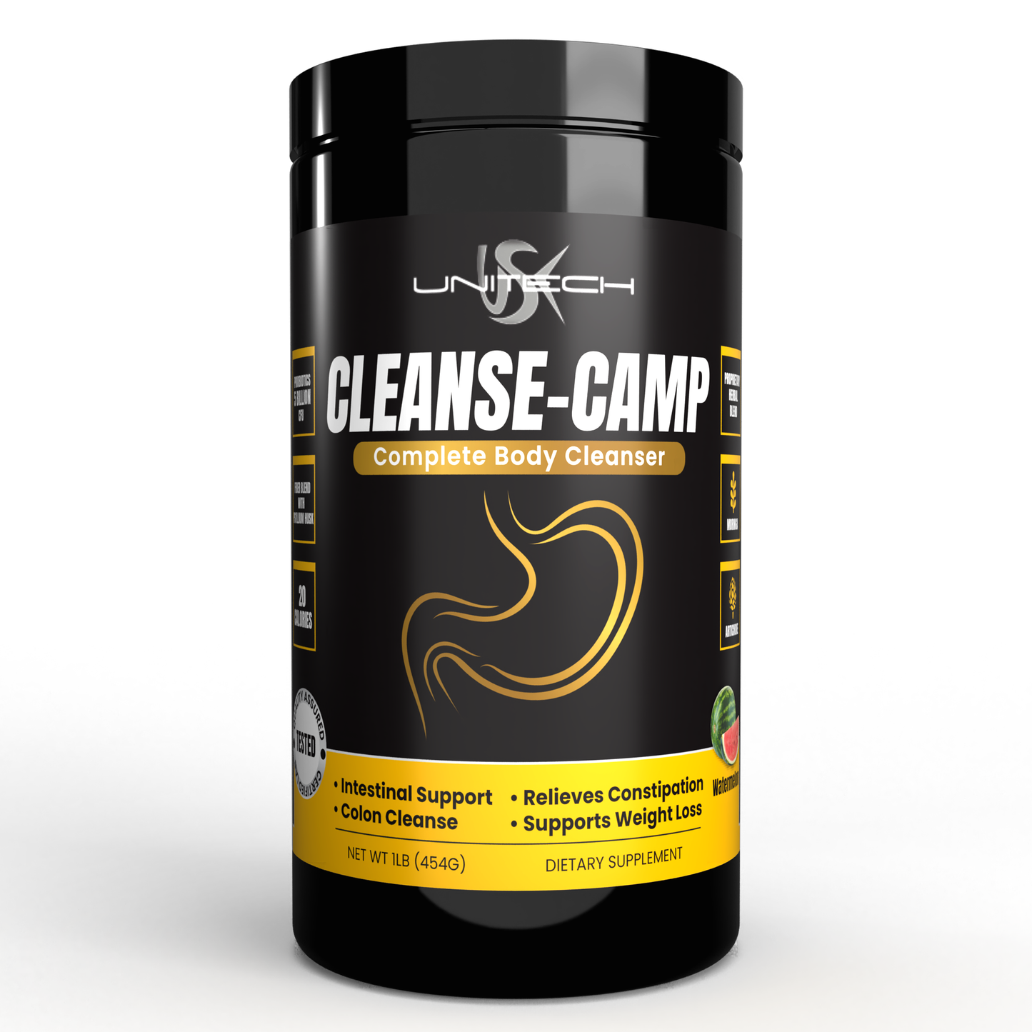 Unitech USK | Cleanse-Camp Powder | Natural Herbal Digestive Cleanse Supplement | Rich with Moringa, Artichoke & Probiotics for Healthy Digestion & Colon Detox | 100% Vegetarian | Watermelon Flavor, 16oz