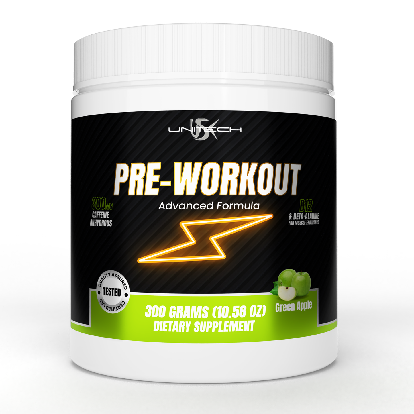 Unitech USK | Sparktech Pre Workout Powder | Energy Boost for Improved Performance, Strength & Focus | Rich with Vitamin C, B-Vitamins, Electrolytes & Amino Acids | Green Apple Flavor, 300g