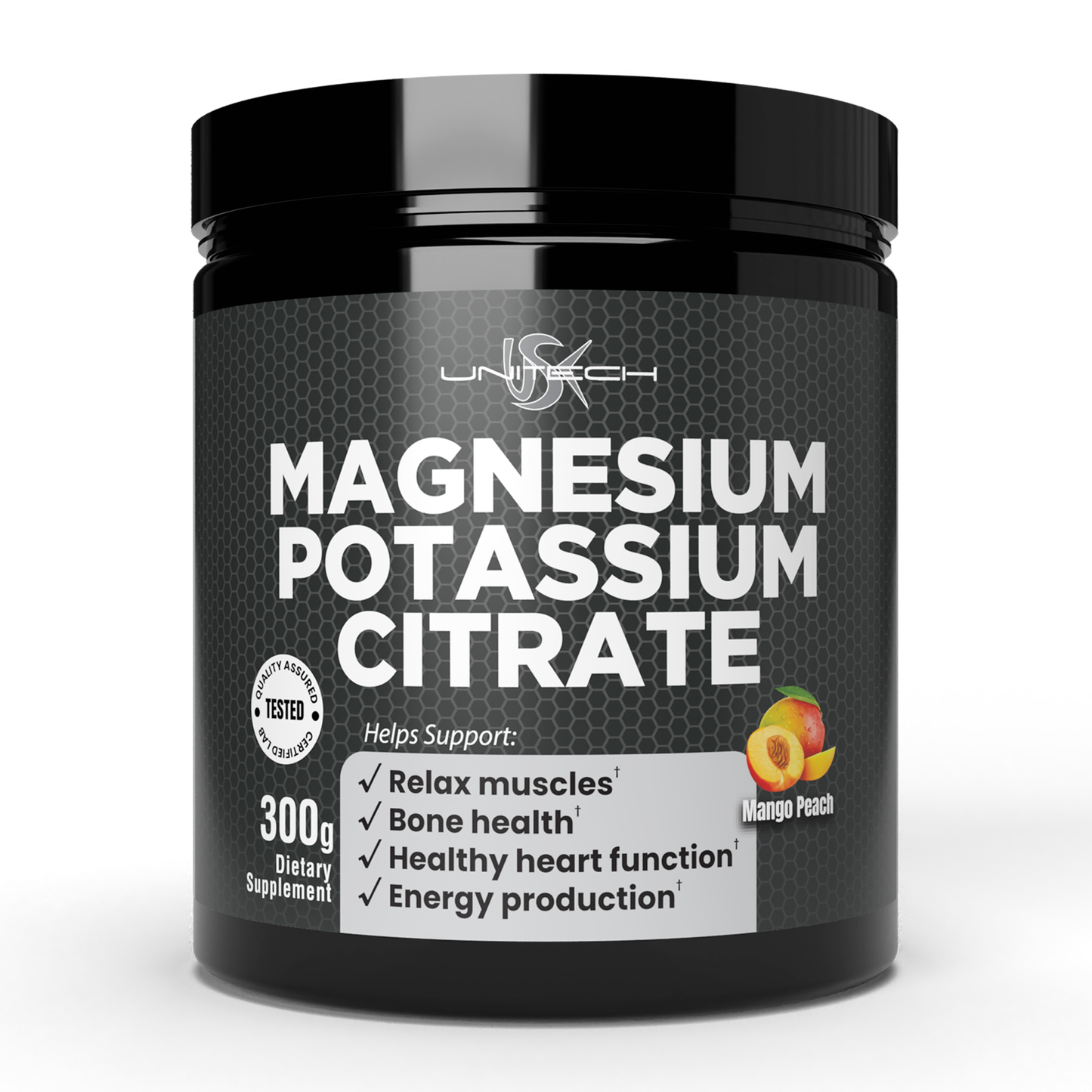 Unitech USK Magnesium Potassium Citrate Powder | Supports Muscle Relaxer, Bone Health, Heart Function & Energy supplements | Rich with Magnesium, Potassium, & Vitamins | Mango Peach Flavor, 300g