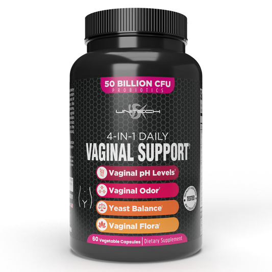 Unitech USK | 4-IN-1 Vaginal Support Supplement | 50 Billion CFU Probiotics, Supports Vaginal Health, pH, Odor, Yeast Balance, and Flora | Natural Feminine Care | 60 Vegetable Capsules